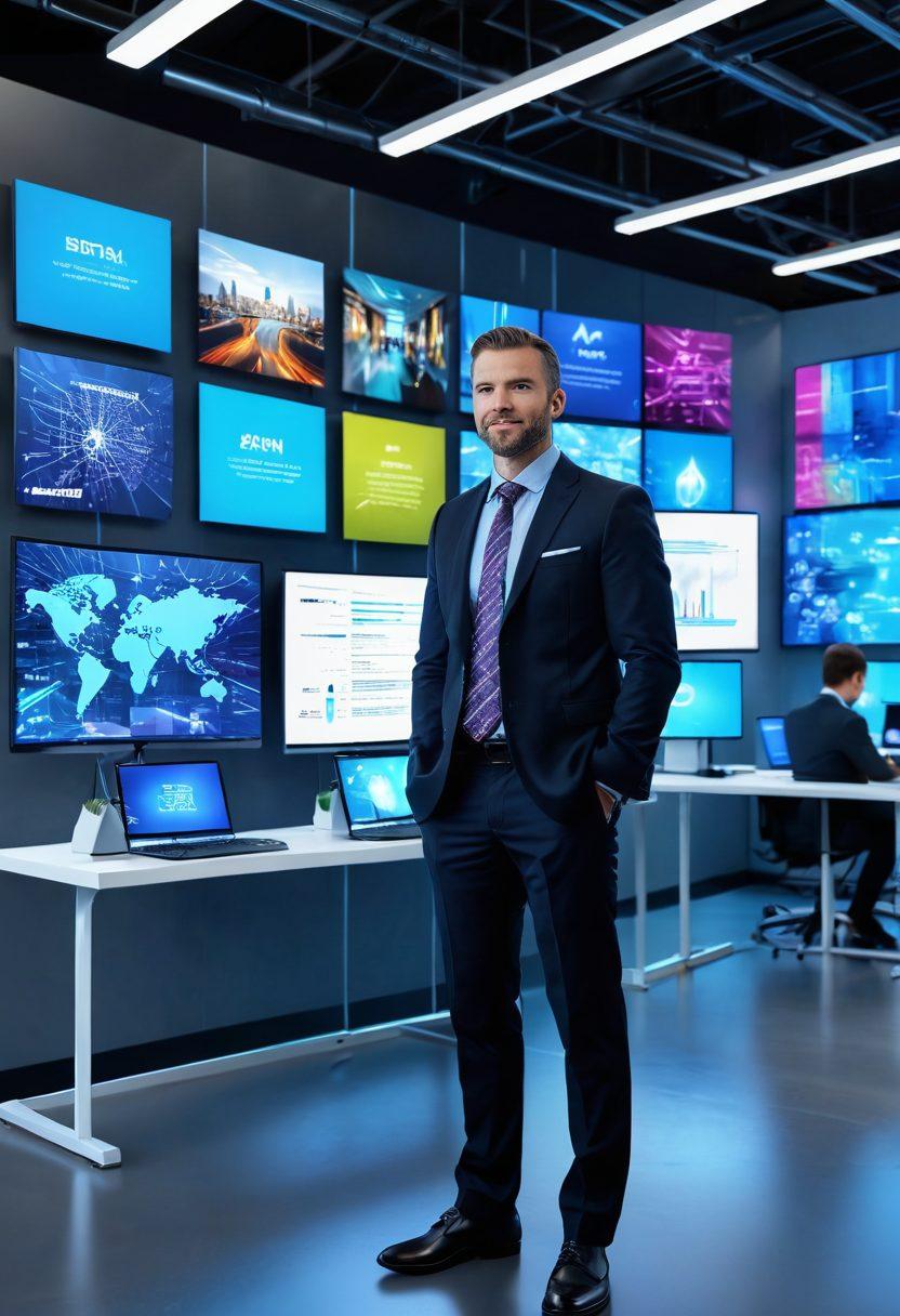 A professional in a modern office setting, confidently networking at a sleek, tech-centric event. Surrounding the individual are digital displays showcasing employment trends, skills development, and connections being made. The atmosphere is vibrant and dynamic, with abstract representations of growth and connectivity in the background. super-realistic. vibrant colors. 3D.