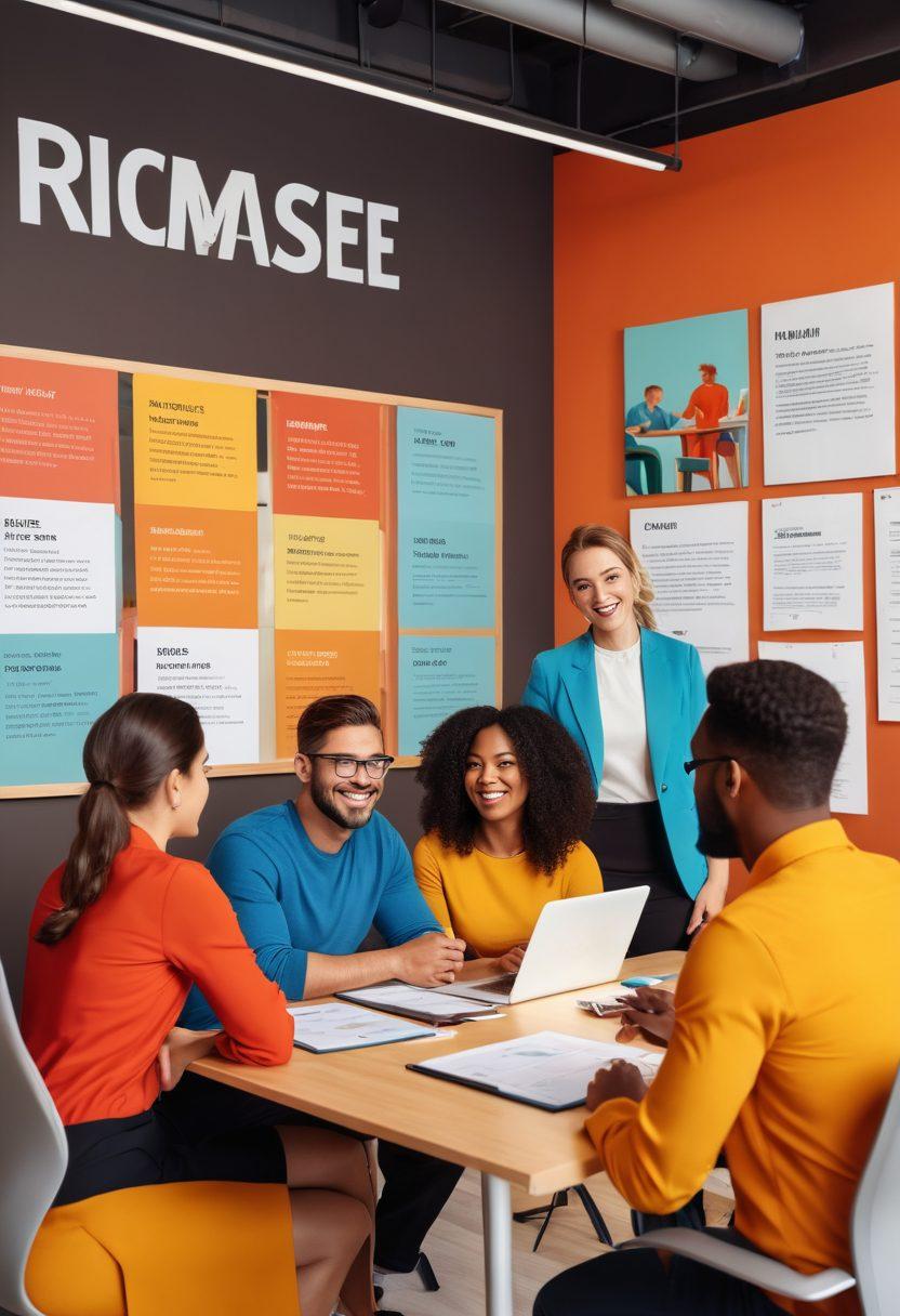 A dynamic scene showcasing a diverse group of job seekers eagerly discussing resume techniques and interview strategies at a modern workspace. Include motivational quotes on walls, colorful resume and cover letter samples displayed on a table, and a friendly career coach guiding them. Incorporate a warm color palette to evoke positivity and determination. vector art. vibrant colors.