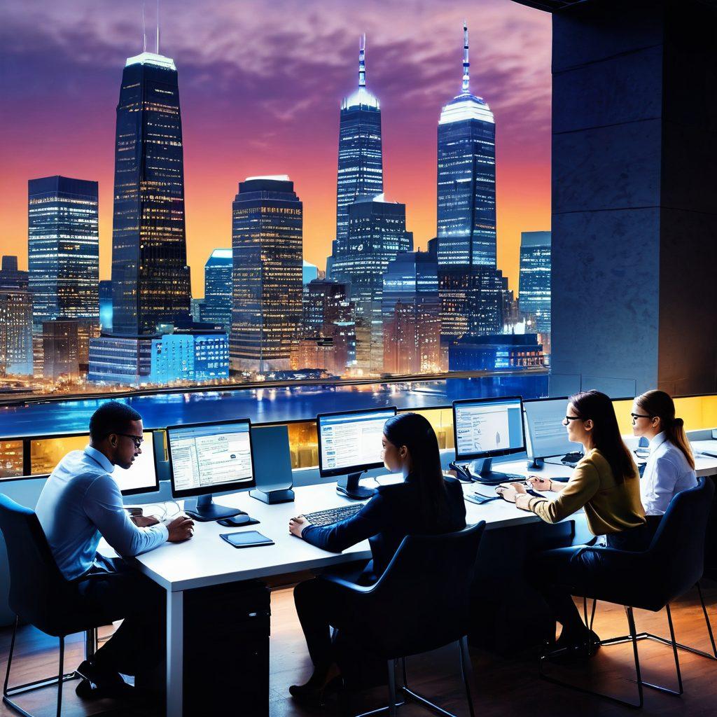 A dynamic scene showcasing a diverse group of professionals engaged in various job-related activities, such as networking, interviewing, and strategizing on laptops in a lively urban setting. Incorporate elements like resumes and job postings in the foreground, with a bustling city skyline in the background. Add motivational quotes in stylish typography to inspire viewers. The atmosphere should be vibrant and energetic, reflecting ambition and success. super-realistic. vibrant colors. city backdrop.